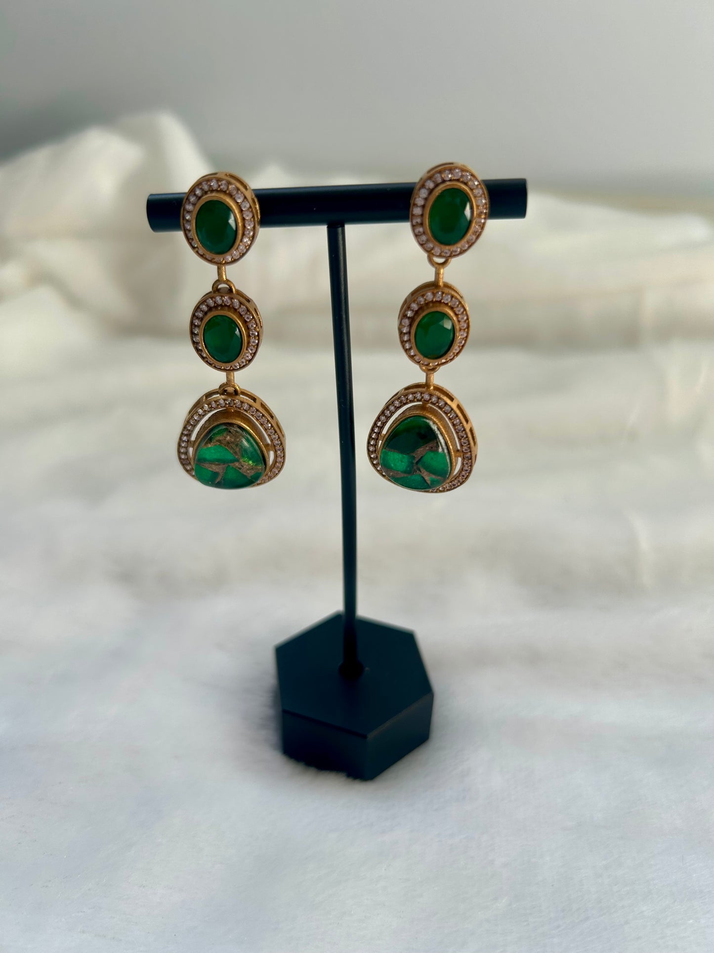 Emerald Green Moissanite Kundan & Marble Earrings