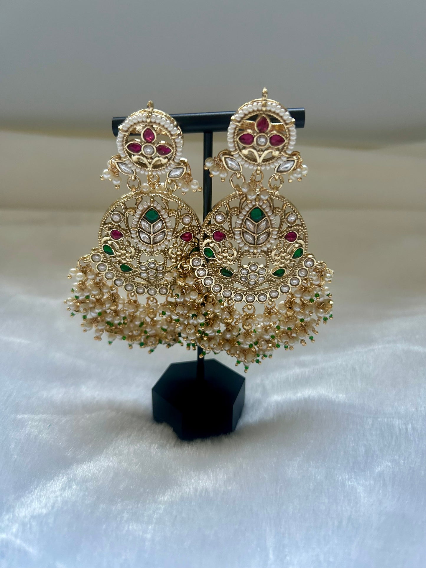 Oversized Emerald Green & Red Kundan Earrings