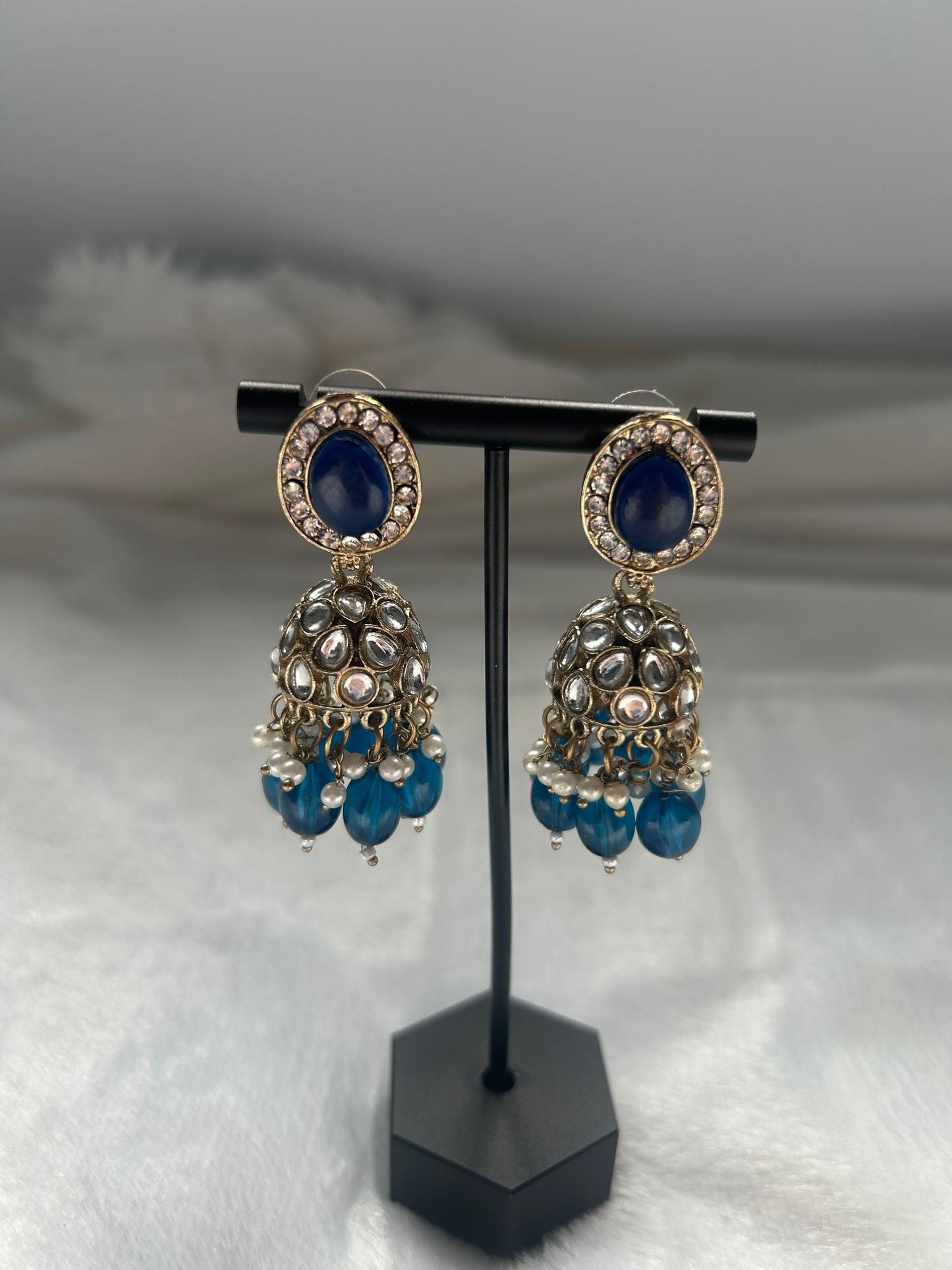 Dark Blue Kundan Jhumki Earrings
