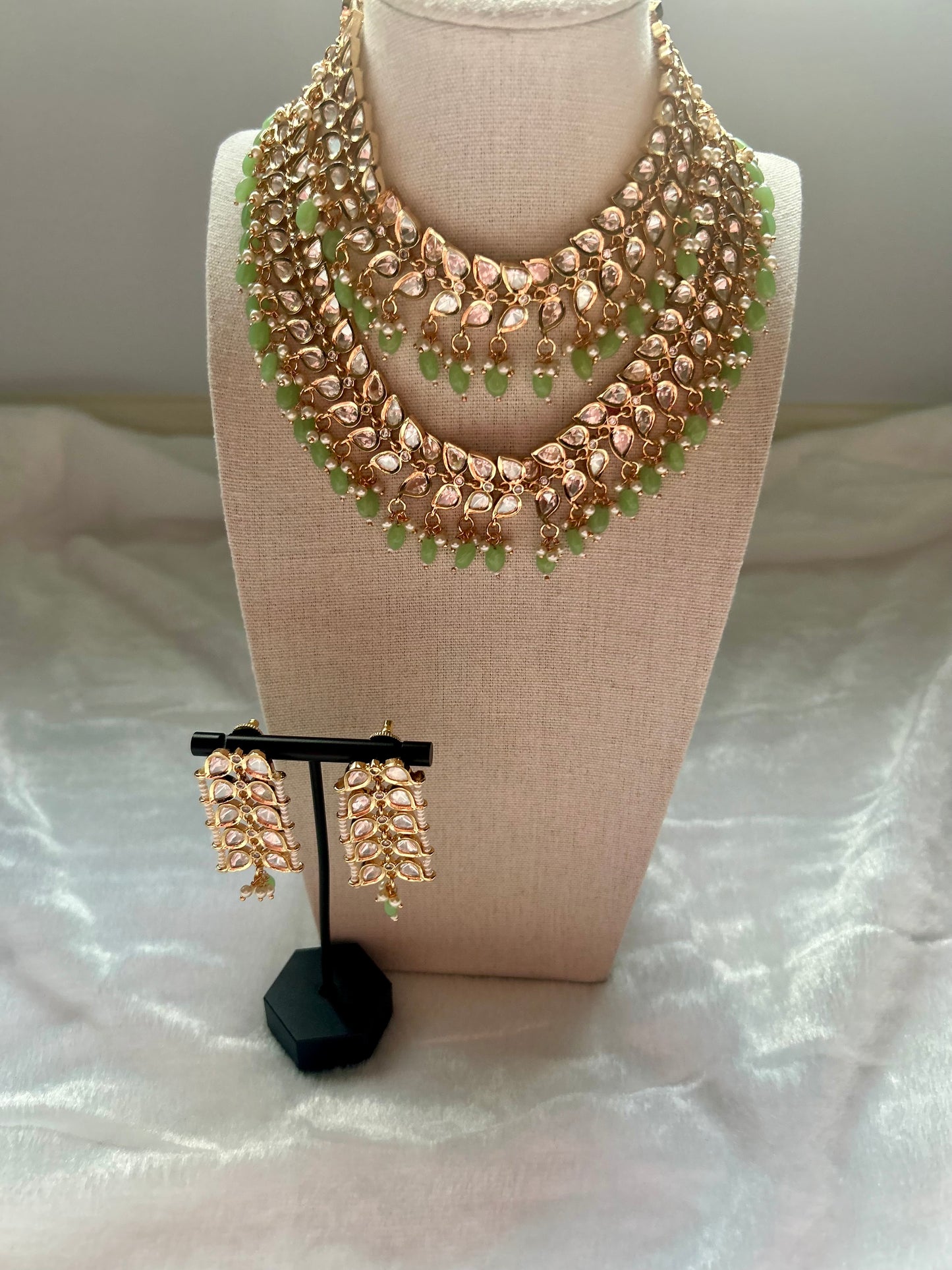 Light Green Tyaani Kundan Double Layer Necklace Set