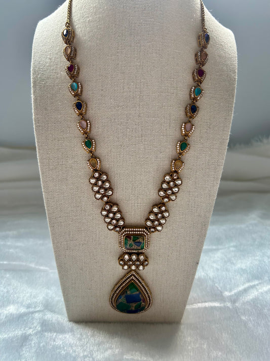 Blue & Green Moissanite Kundan Long Necklace Set
