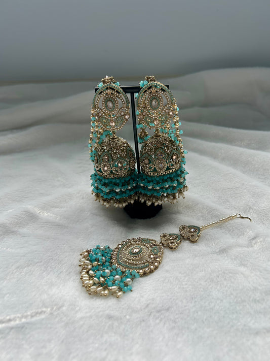 Ferozi Blue Polki Sahara Jhumki Tikka Set