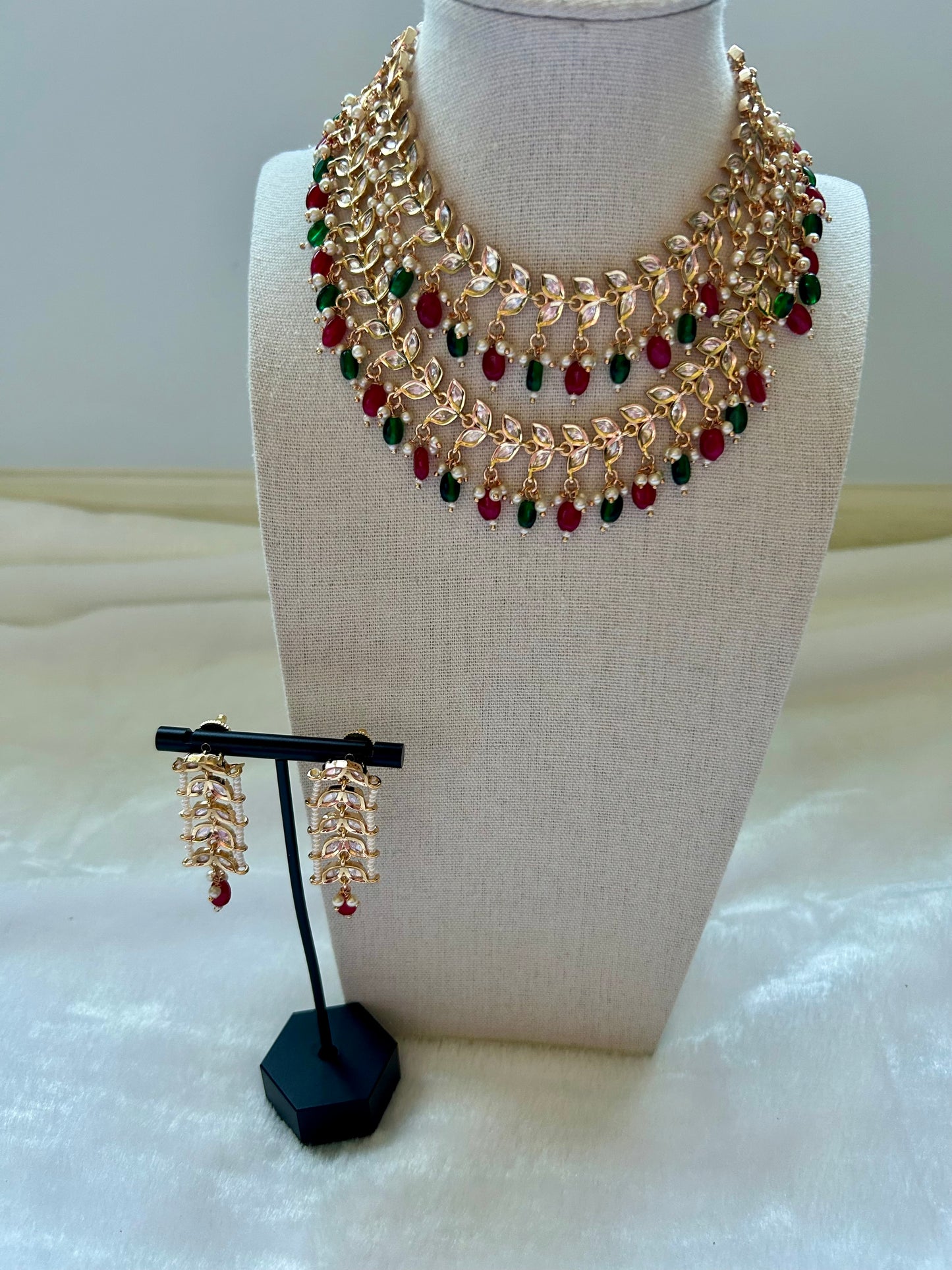 Emerald Green & Hot Pink Tyaani Kundan 2 Layer Necklace Set