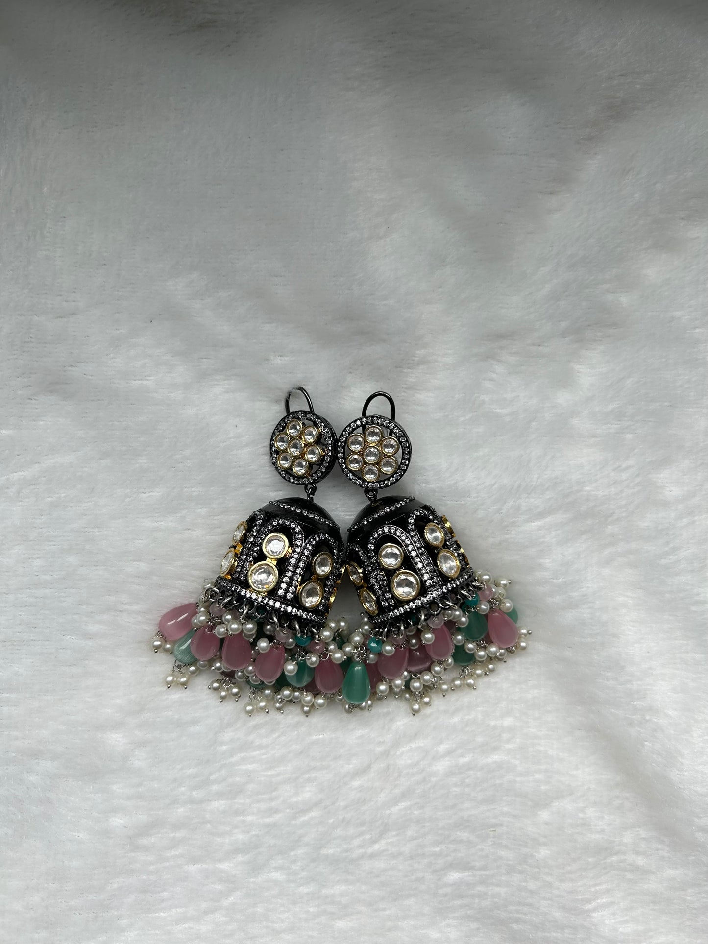 Oversized Mint & Pink Jhumki Earrings